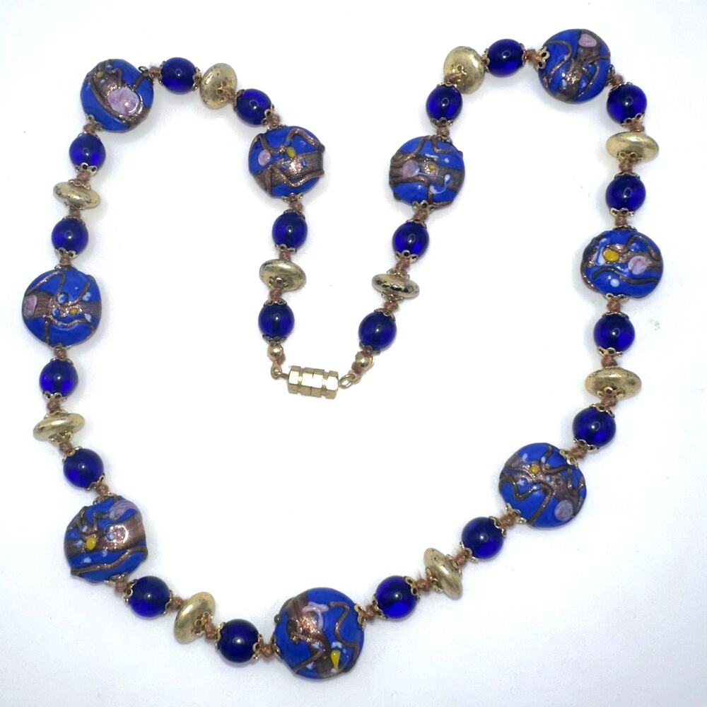 Vintage blue gold Murano Venetian wedding cake art glass beads beaded necklace